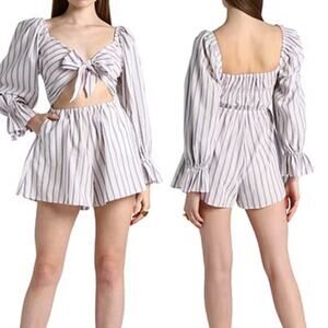 Topshop Stripe Tie Front Cut Out Long Sleeve Shorts Romper Purple White 6/SM NWT